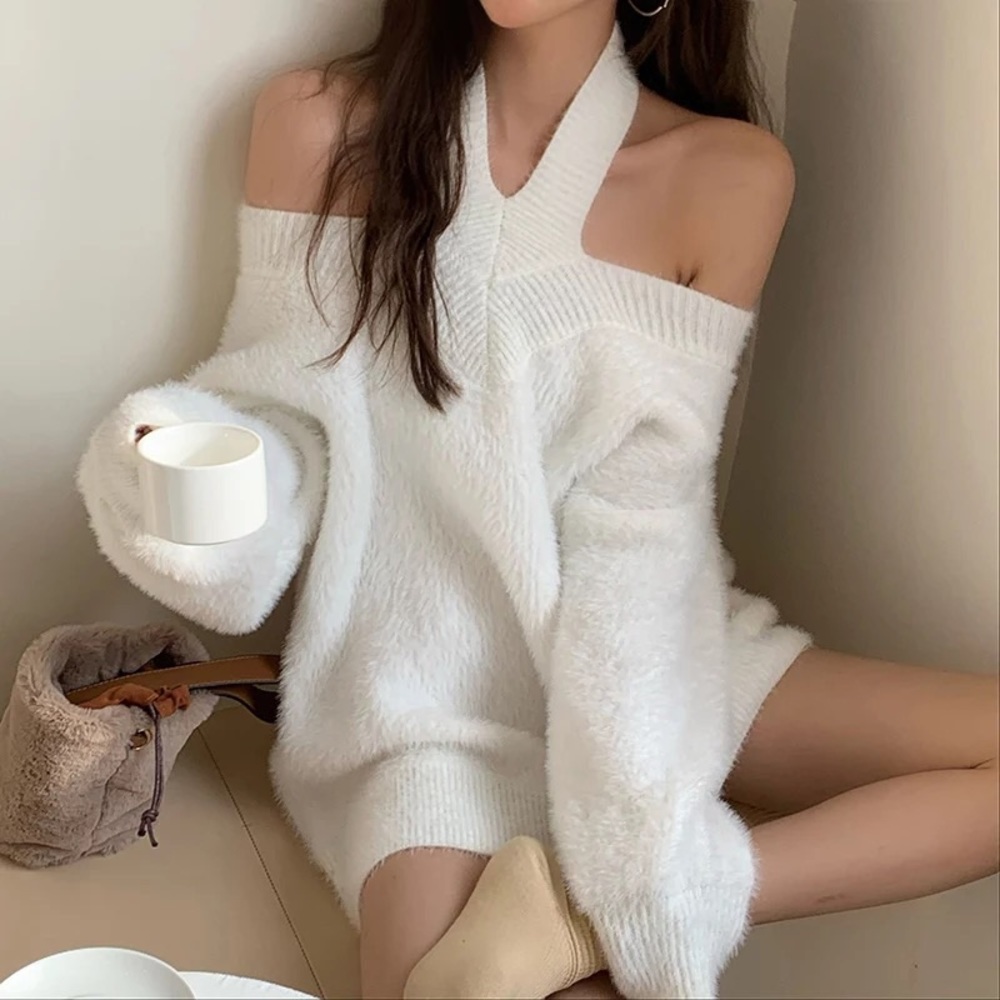 Sweater dress shirt halter reversible style white womens off shoulder - Picture 12 of 16